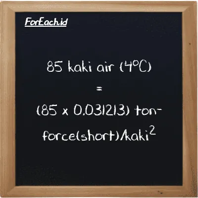 Cara konversi kaki air (4<sup>o</sup>C) ke ton-force(short)/kaki<sup>2</sup> (ftH2O ke tf/ft<sup>2</sup>): 85 kaki air (4<sup>o</sup>C) (ftH2O) setara dengan 85 dikalikan dengan 0.031213 ton-force(short)/kaki<sup>2</sup> (tf/ft<sup>2</sup>)